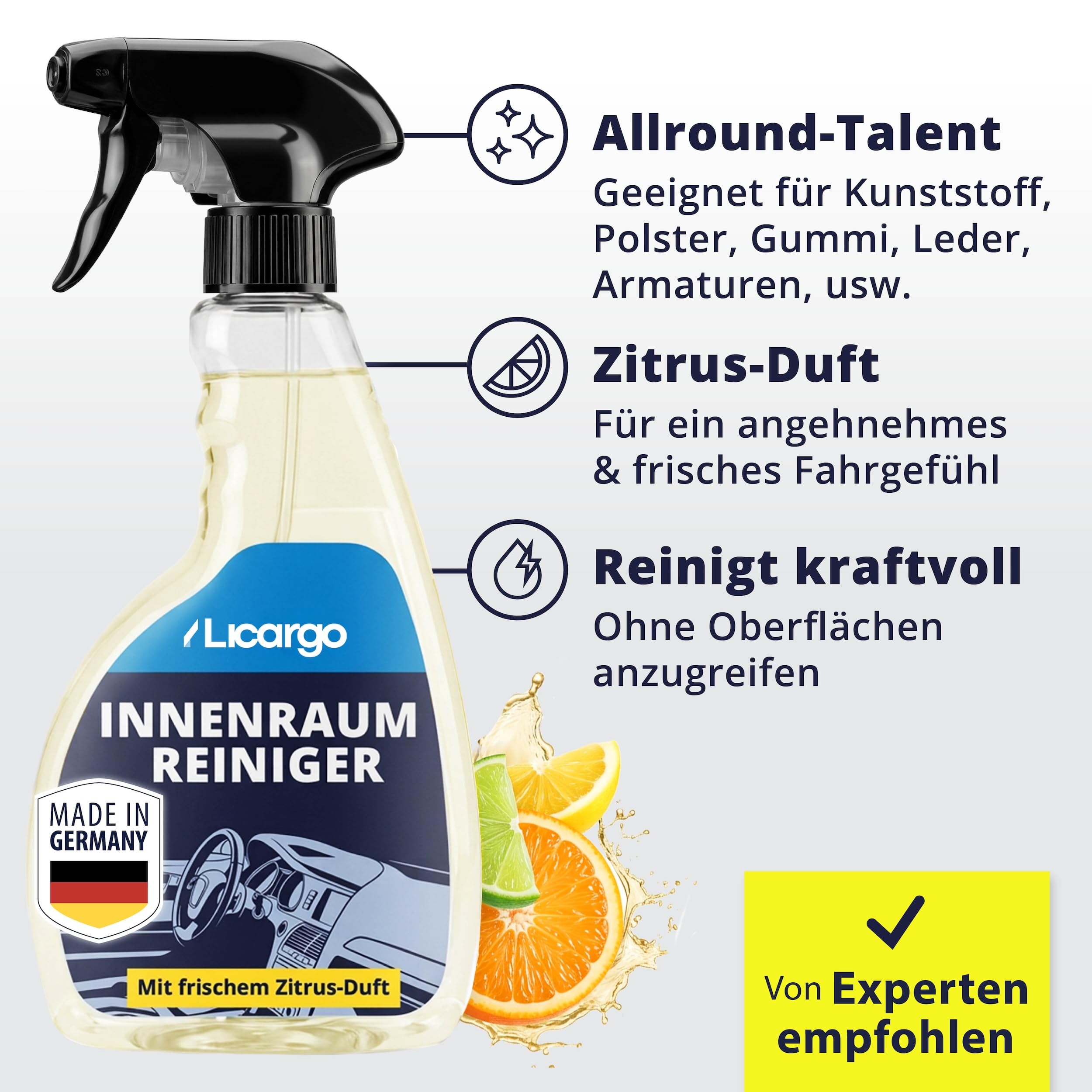 LICARGO Innenraumreiniger Auto 500 ml - Neuwagen-Frische in Minuten - Kraftvoll & schonend - Cockpitpflege Auto für Kunststoff, Leder & Armaturen - Polsterreiniger & Cockpitspray für den Innenraum 7