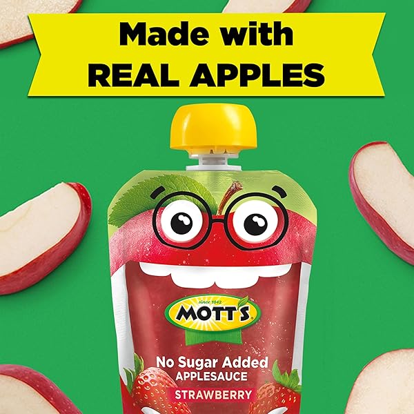 MOTT’S NO SUGAR ADDED STRAWBERRY APPLESAUCE, 3.2 OZ CLEAR POUCHES, 12 COUNT