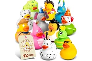 Happy Duckers Rubber Ducks - 12 Piece Bulk Pack for Bath, Pool, Party, Cruise, Jeep Ducking, Decoration & More - Small Assorted Funny Toy Duckies