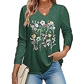 Womens Vintage Floral V Neck Shirts Boho Wildflowers Graphic Long Sleeve T-Shirts Cute Loose Casual Tee Tops