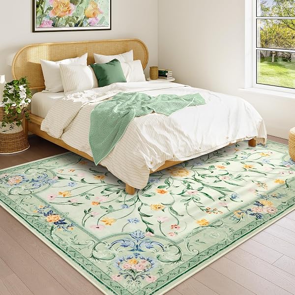 MOREBES 5X7 SAGE GREEN AREA RUGS, WASHABLE FLORAL NURSERY RUG NON SLIP, SOFT LOW PILE INDOOR FLOOR CARPET FOR LIVING ROOM DINING PLAYROOM HOME (SAGE GREEN 5’X7′)
