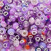 ZHIYUXI 100PCS Purple European Large Hole Assorted Beads Bulk for Jewelry Making Big Hole Spacer Lampwork Murano Beads for Charms Bracelet Making Necklace Pens DIY Craft