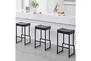 FIRAVOE Bar Stools Set of 3, 28" Counter Height Bar Stools, Faux Leather Barstools for Kitchen Island, Backless Saddle Stools with Metal Legs (Black, 3PCS 28" Bar Stools)
