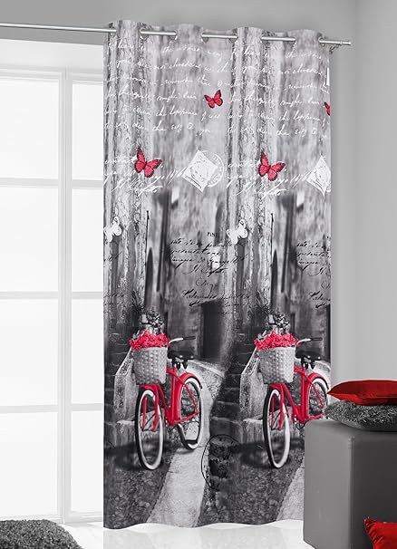 Rouge 140 X 245 Gris Acier Pour Rideaux Imprimé Papillon