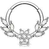 Melighting 16G Flower Septum Ring,Rose Daith Piercing Jewelry, Stainless Steel 316L Septum Clicker Clear CZ Opal Cartilage Lobe Earring For Women 8/10 mm