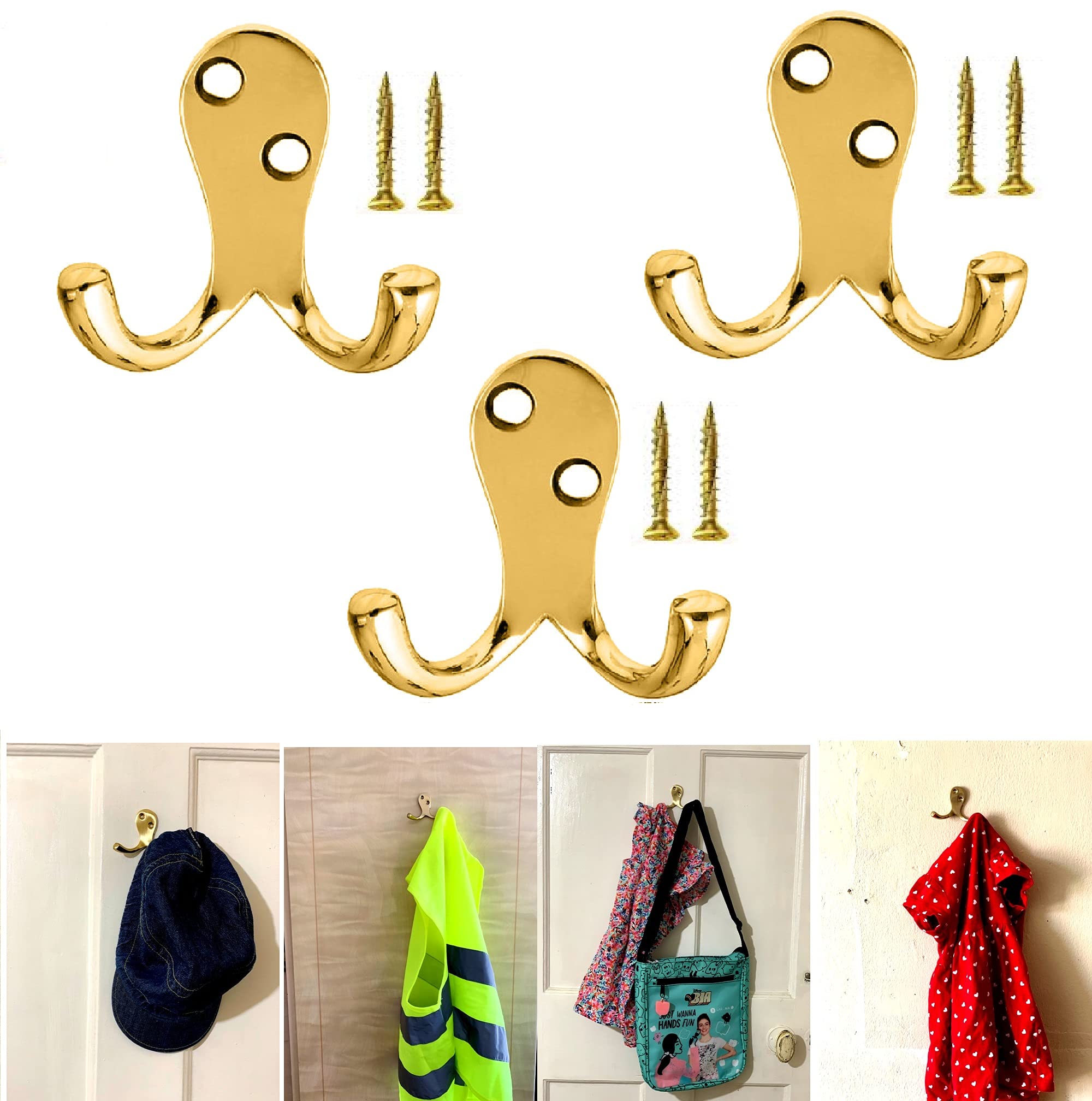 TERF® Polished Brass Twin Wall & Door Hooks - Hat, Coat, Robe Hooks for Bathroom, Bedroom, Kitchen, Office - Pack of 3 — image 1