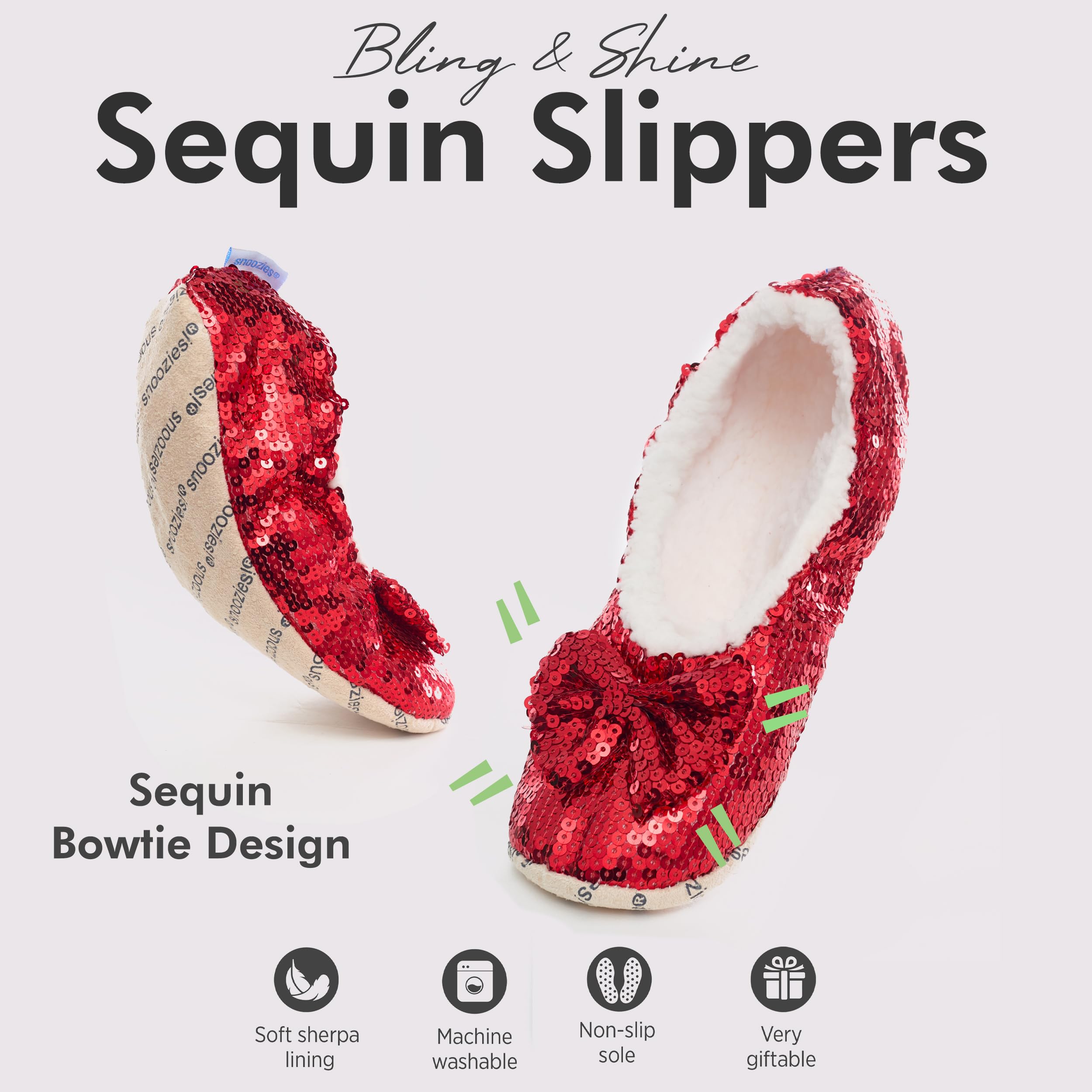 Snoozies Ballerina Bling Metallic Shine Slippers | Sequin House Shoes for Women | Slipper Socks with Grippers | Cute Indoor Footwear (Red, Large)
