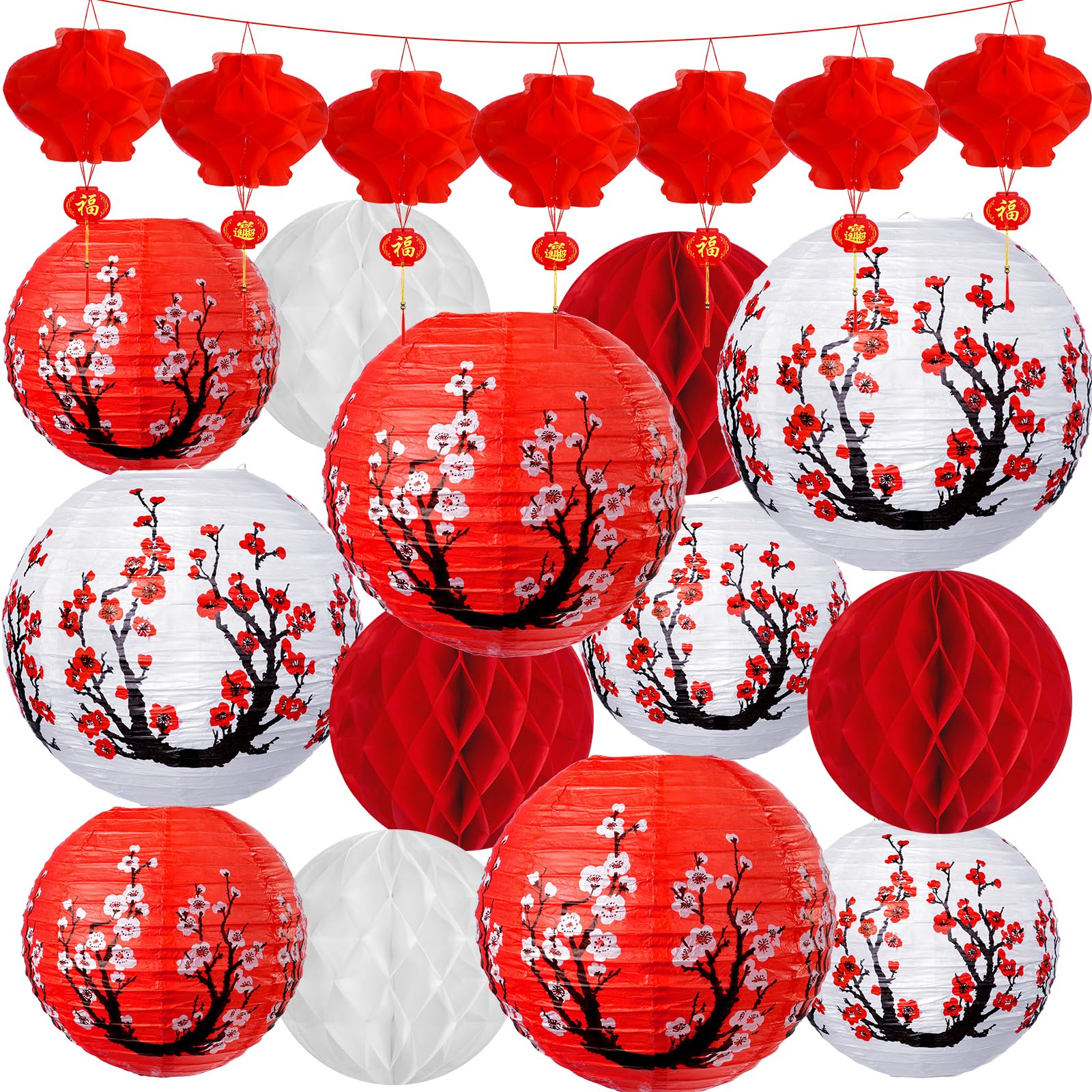 Photo 1 of 33Pcs Chinese Japanese Paper Lantern New Year Decorations 2026, Lunar New Year Lanterns Decoration, Red White Cherry Blossom Decorative Hanging Paper Lanterns for Chinese Spring Festival Year of Horse