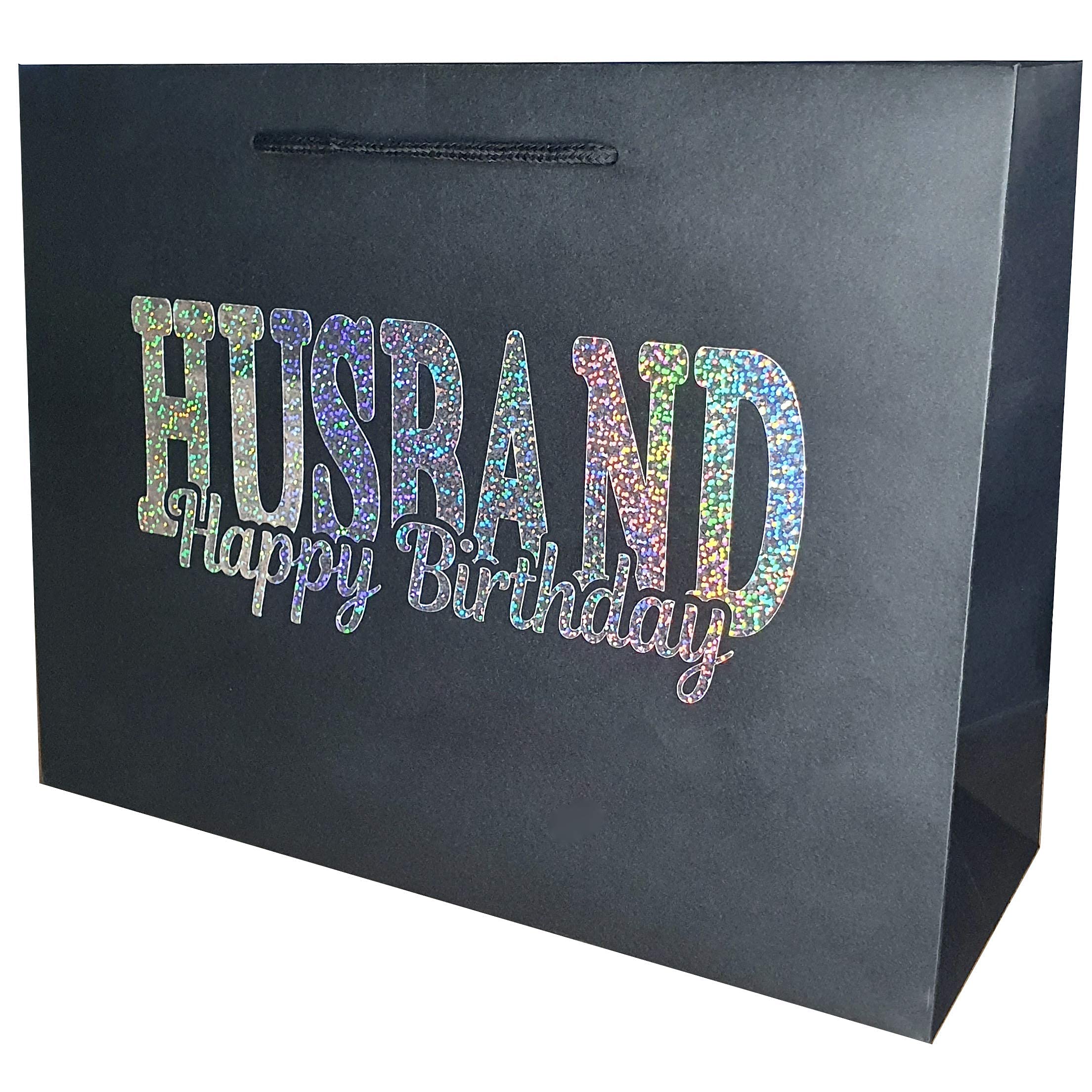 Large Husband Happy Birthday Gift Bag - Holographic Glitter Gift Bag with Rope Handles and Tissue Paper - Birthday Ideas