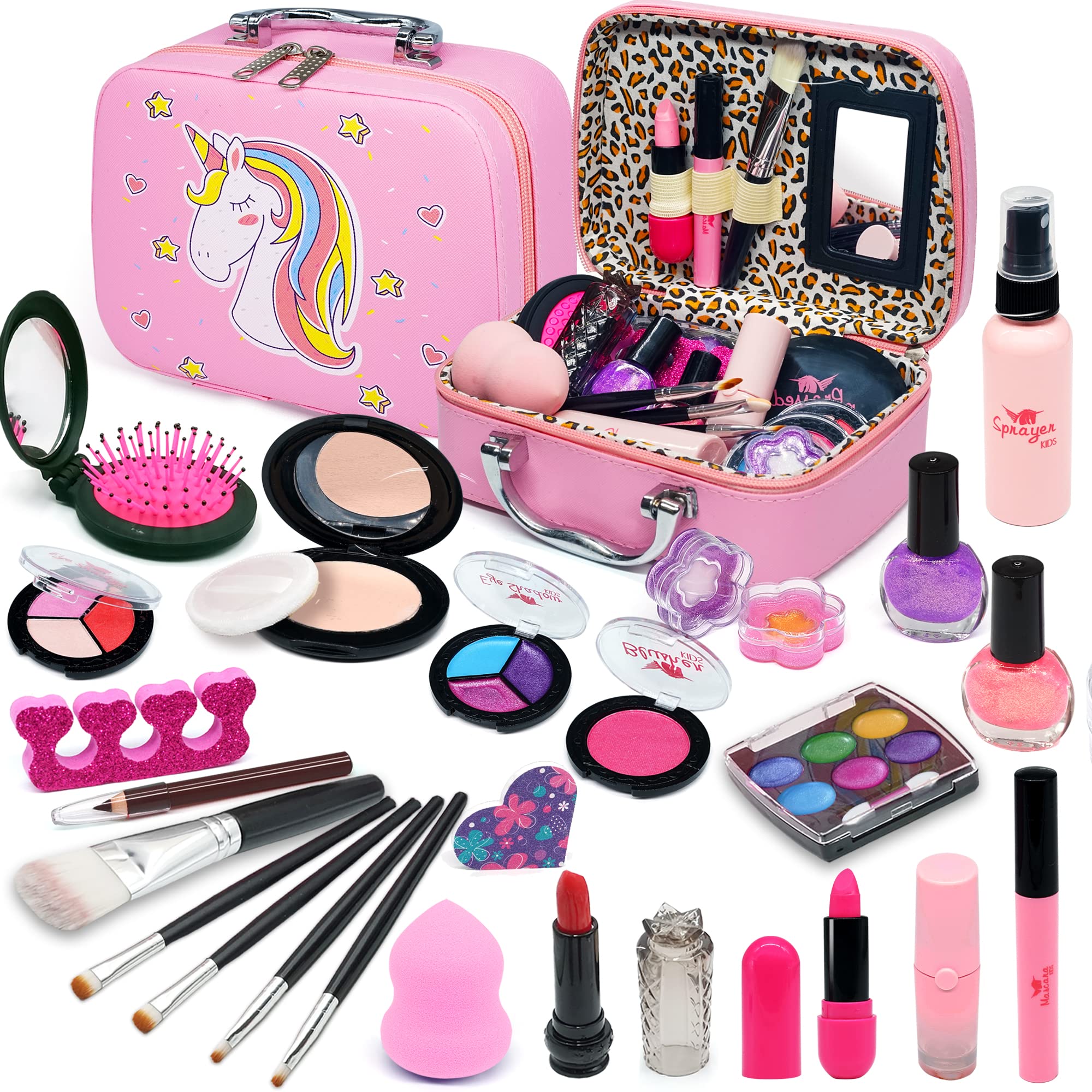 Washable Kids Makeup Set - Real Make Up Kit for Children Princess Glamour Pretend Play With Accessories - Christmas Birthday Gift for 3-10 Year Old Girls