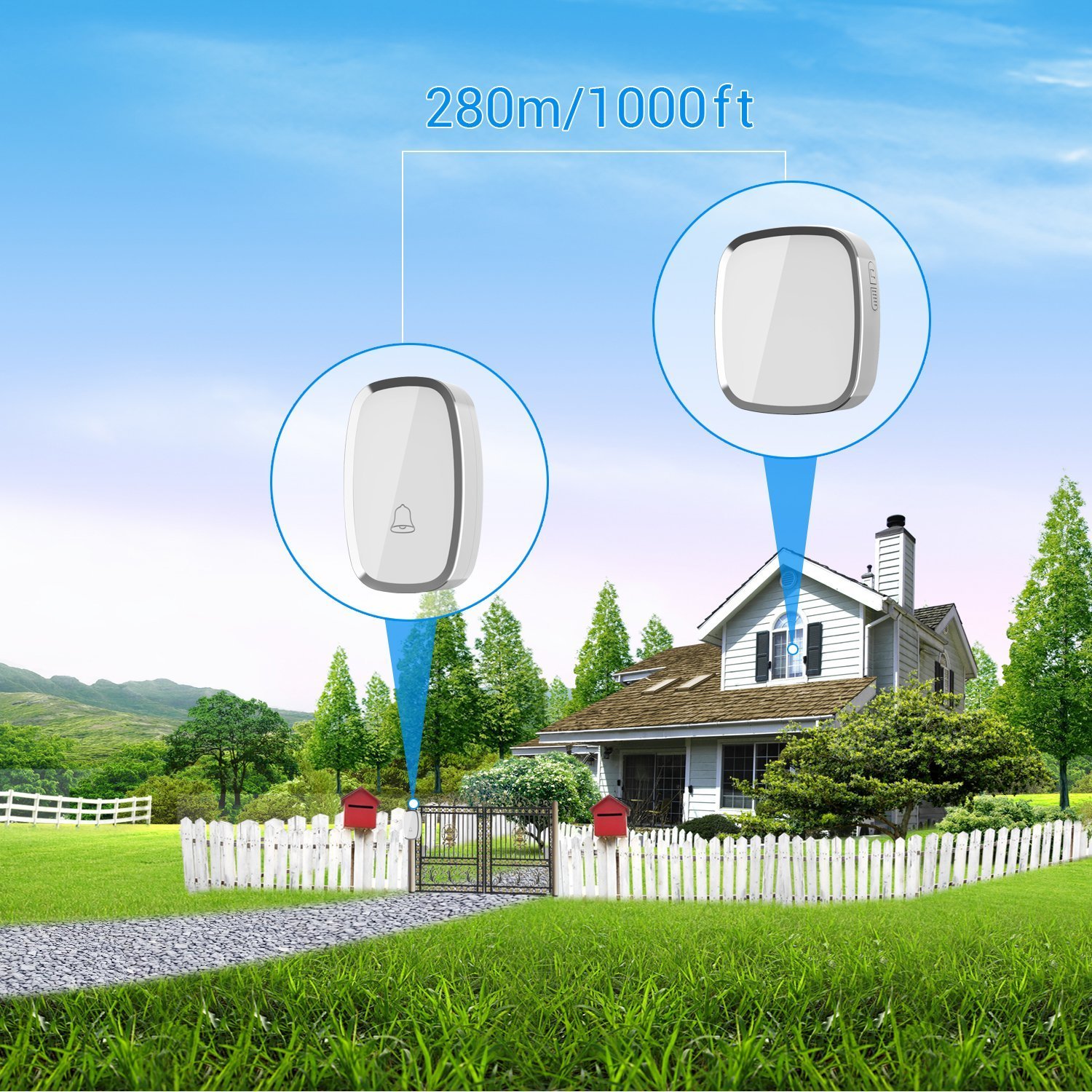 Wireless Doorbell, Portable Weatherproof Wall Plug-in Cordless Door Bell Chime Kit at 1000-feet Range with 36 Tunes, LED Indicator, 4 Volume Level, 1 Push Button & 1 Receiver Requiring No Battery