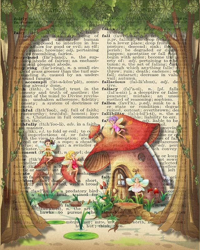 Fairy Land Dictionary Art Print, Fairies and Mushroom Forest Whimsical Vintage Print Background Prints Wall Art Pictures Paintings, Nursery Decorations UnFramed…