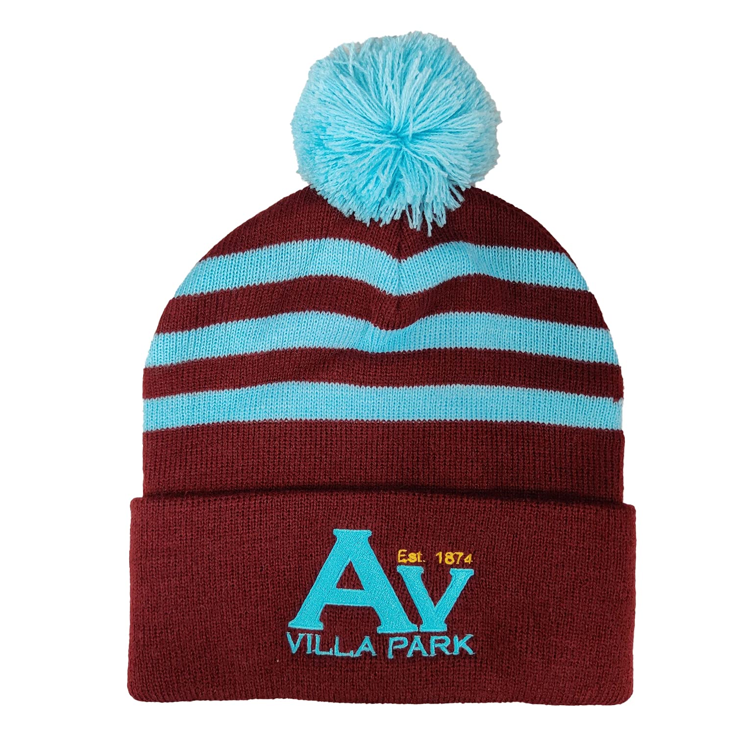Claret & Blue Villa Supporter Adult Woven Striped Winter Pom Pom Bobble Hat