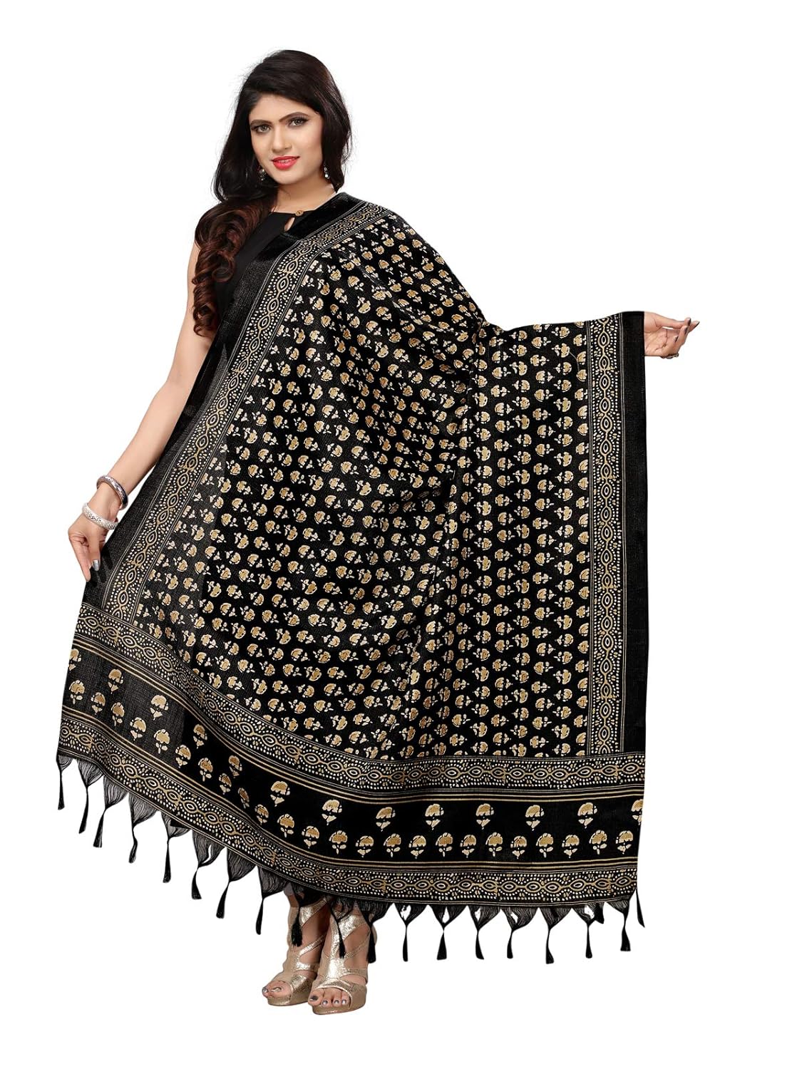 kanchnar women's black and biege bhagalpuri printed dupatta