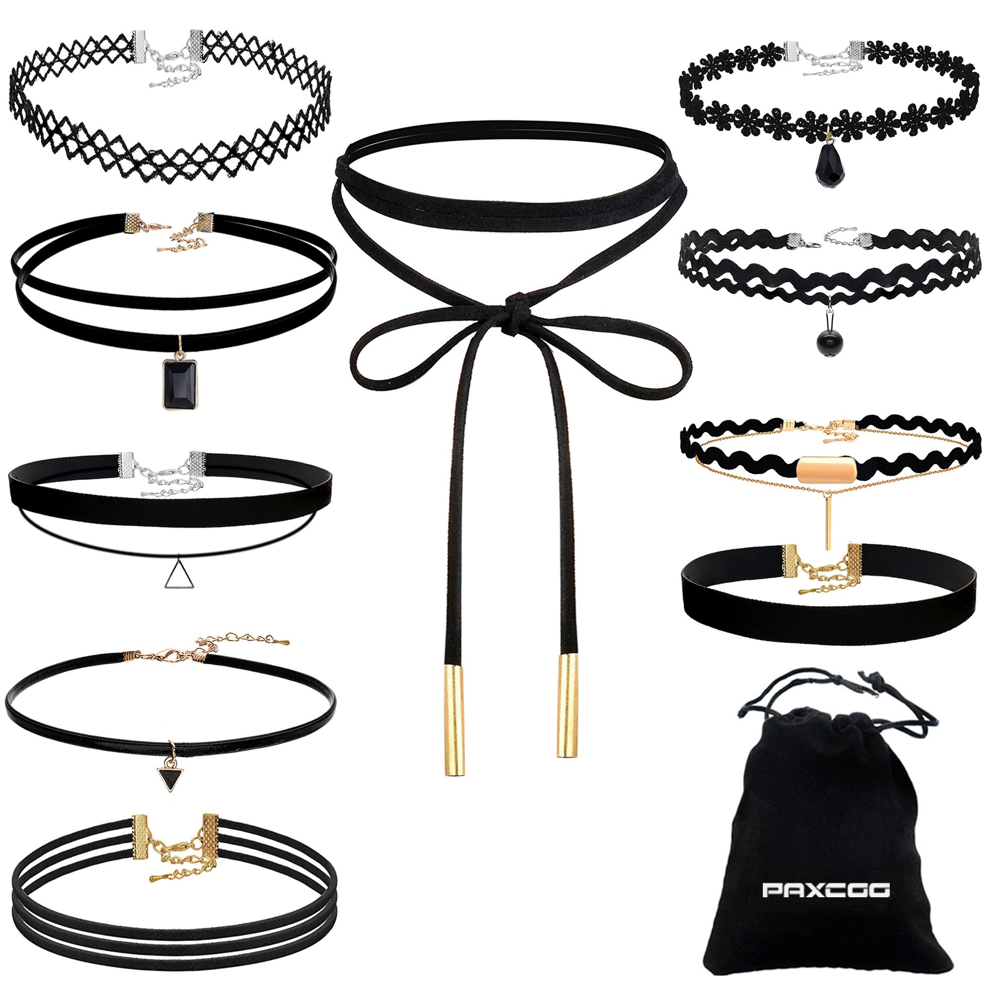 PAXCOO 10 Pcs Choker Necklace for Women Girls Black Classic Velvet Stretch Gothic Tattoo Lace