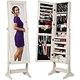 Best Choice Products Freestanding Jewelry Armoire Cabinet, Full Length Standing Mirror, Lockable Makeup Storage Organizer, w/Velvet Lining, 3 Angles, Lock, Accessory Pouch, 5 Shelves - Coastal White
