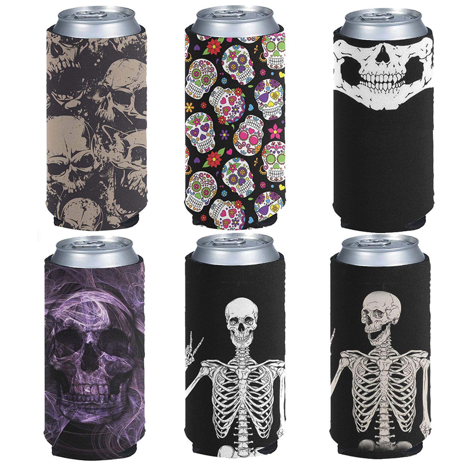 Pizding 6pcs Can Cooler Sleeves Beer Blank Cover, Soft Insulated Reusable Drink Coolies Beer Holders for Outside Activity Perfect for Projects,Holidays,Sport Events,Picnic Skull Sugar Skull Pattern
