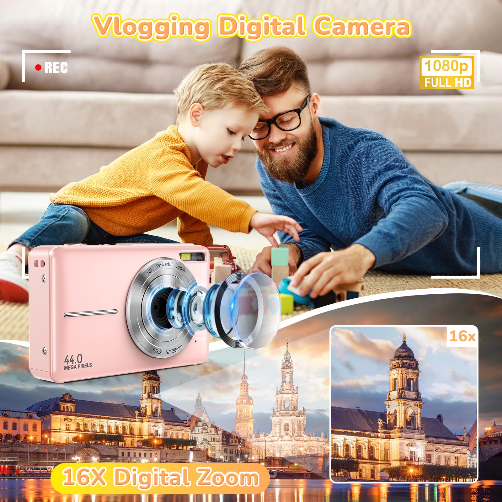 Digital Camera, Jukanur Upgraded FHD 1080P Digital Camera for Kids with 16X Zoom, Flashlight, 32GB Card, 44MP Point and Shoot Camera Compact Small Selfie Camera for Girls, Boys, Teens, Students,Pink