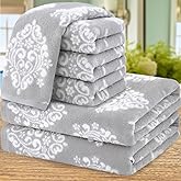 Gray Towels for Bathroom - Cotton | Soft | Quick Dry | Lightweight | Absorb, 6 Piece Towel Set, 2 Bath 28"x52", 4 Hand 16"x27", Decorative Towels Set, Shower Towel Gift Set, Grey/White Damask