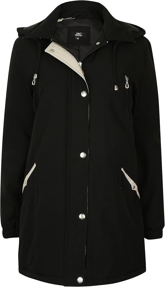 JBC Collection Women's Smart Collared Reefer Coat Adjustable Hood Long 14 Black Amazon.co.uk