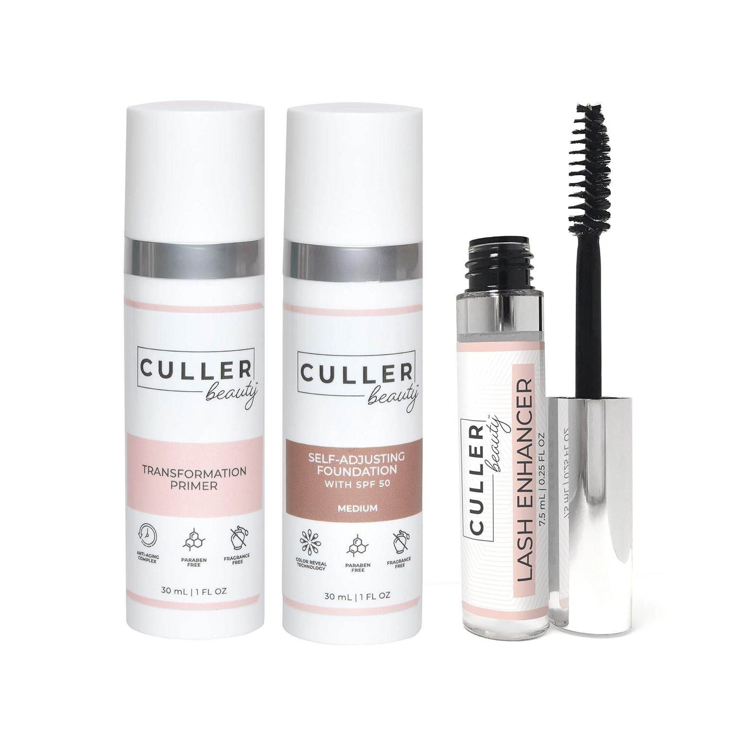 CULLER BEAUTY Ultimate Beauty Package, Primer, Foundation, with Free Lash Enhancer, Instantly Smooth and Match Skin Tone (Medium)