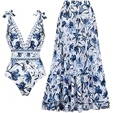 FLAXMAKER Blue and White V Neck Lace Up Strip Plant Prints One Piece Swimsuit and Skirt/Sarong