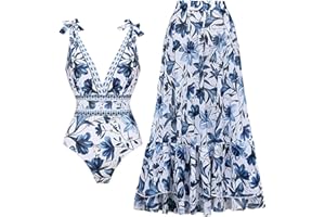 FLAXMAKER Blue and White V Neck Lace Up Strip Plant Prints One Piece Swimsuit and Skirt/Sarong
