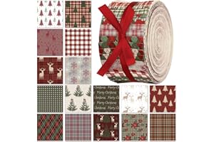 Fanfanwin 40 Pcs Woodland Plaid Christmas Quilting Fabric Roll 2.56 Inch Precut Fabric Squares Jelly Patchwork Snowflake Reindeer Poinsettia Strips Materials for Winter Xmas Craft Sewing Panels DIY
