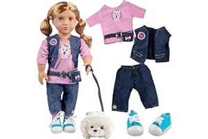 DRESS ALONG DOLLY 7pc Dog Walker Outfit w Pet Puppy- 18" Doll Clothes & Accessories Compatible w American Girl Dolls- Set Includes T-Shirt, Vest, Pants, Belt, Shoes, Dog Plush & Leash- Gifts for Girls & Doll Collectors