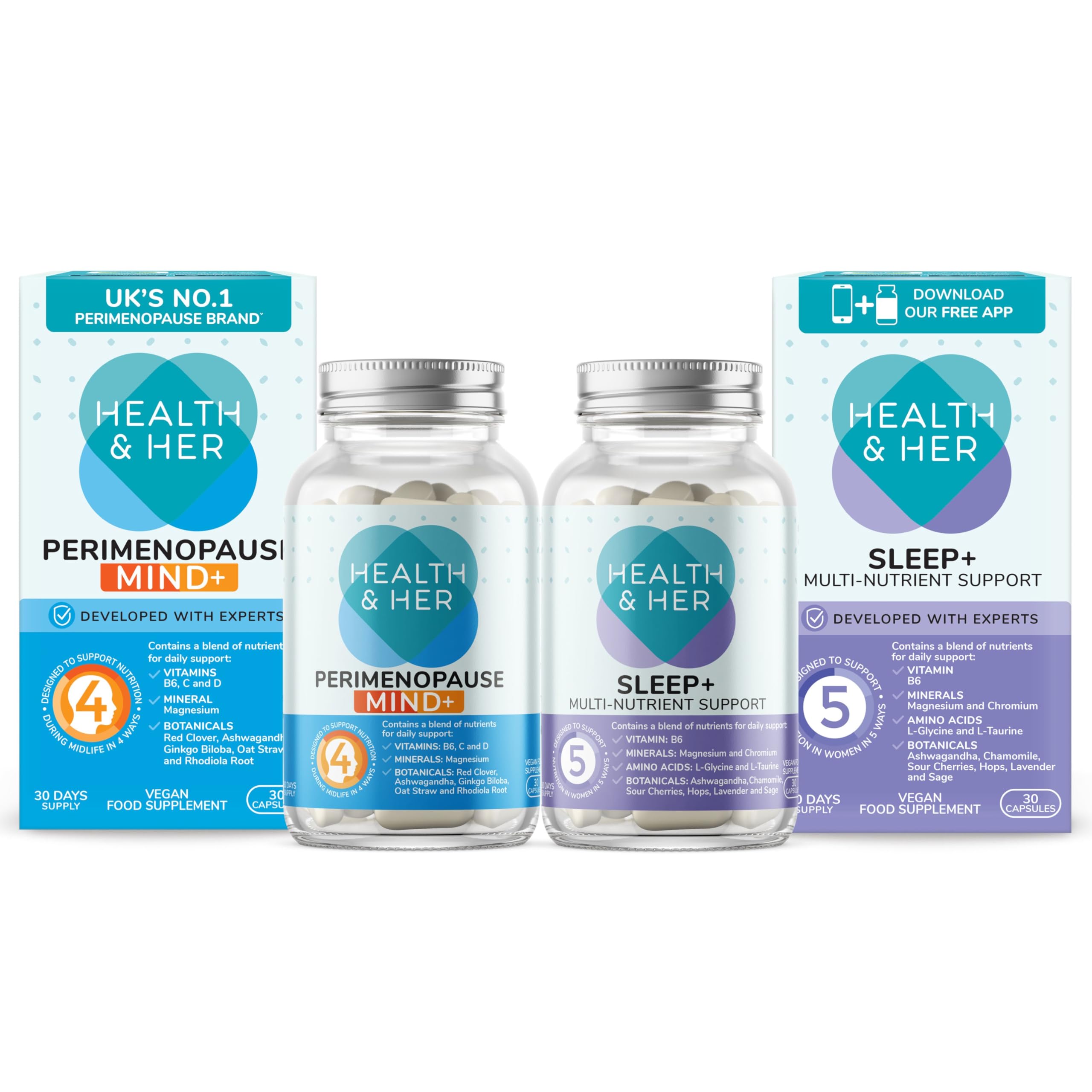 Health & Her Perimenopause Mind+ Supplements for Women - Day & Night Bundle - Wellbeing for Menopause - 1 Month Supply Vegan & Gluten Free