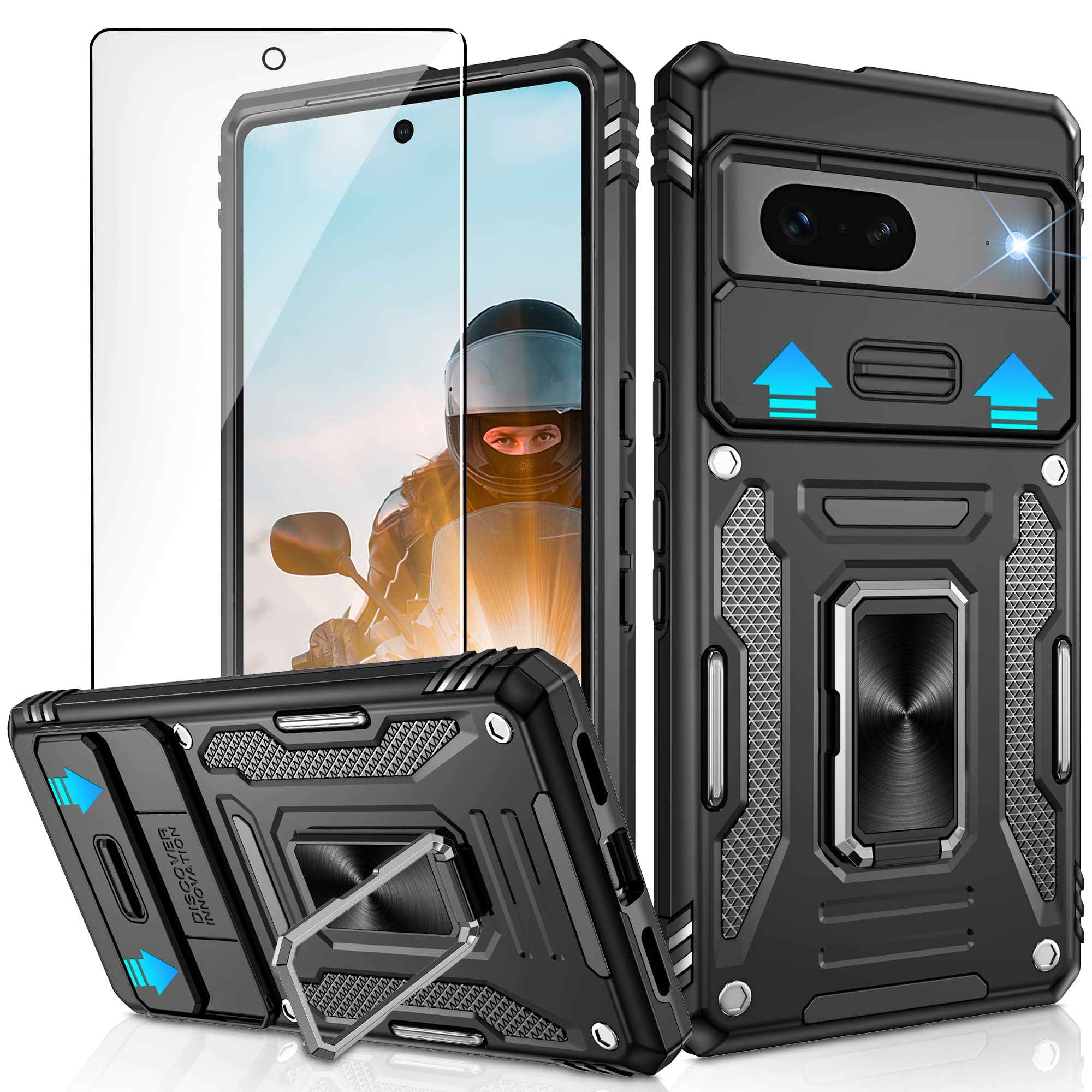 Jshru for Google Pixel 7 Case with [Upgraded] Slide Camera Cover,Military Grade Shockproof Case with Ring Kickstand, Anti-Scratch Armour Phone Cover for Google Pixel 7,Black — image 1