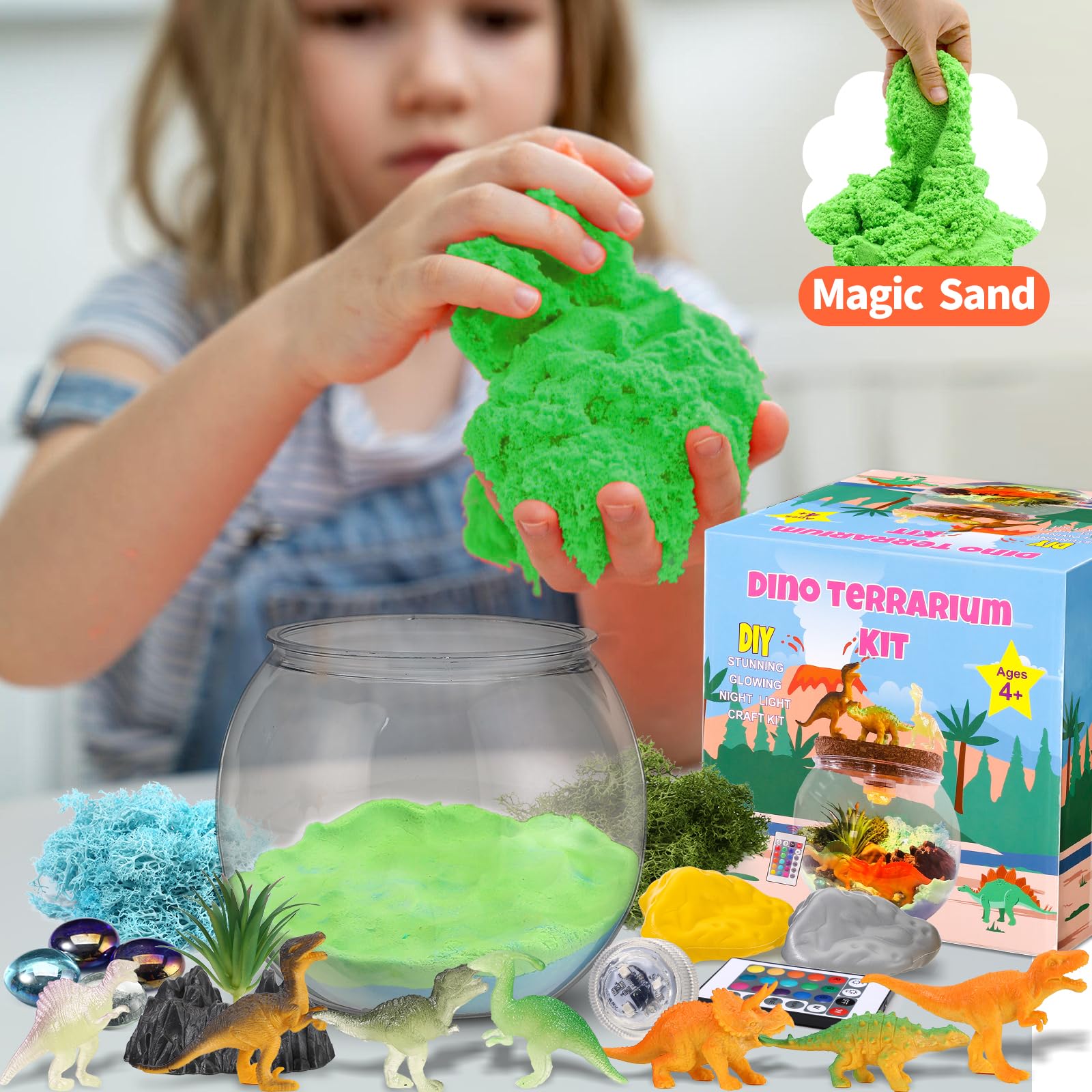 Dinosaur Terrarium Kit, Light Up Terrarium Kit Kids Crafts Toys, DIY Dino Arts and Crafts for Kids Ages 4 5 6 7 8-12 Years Old, Dinosaur Present for Boys Girls, Ideal Birthday Ideas