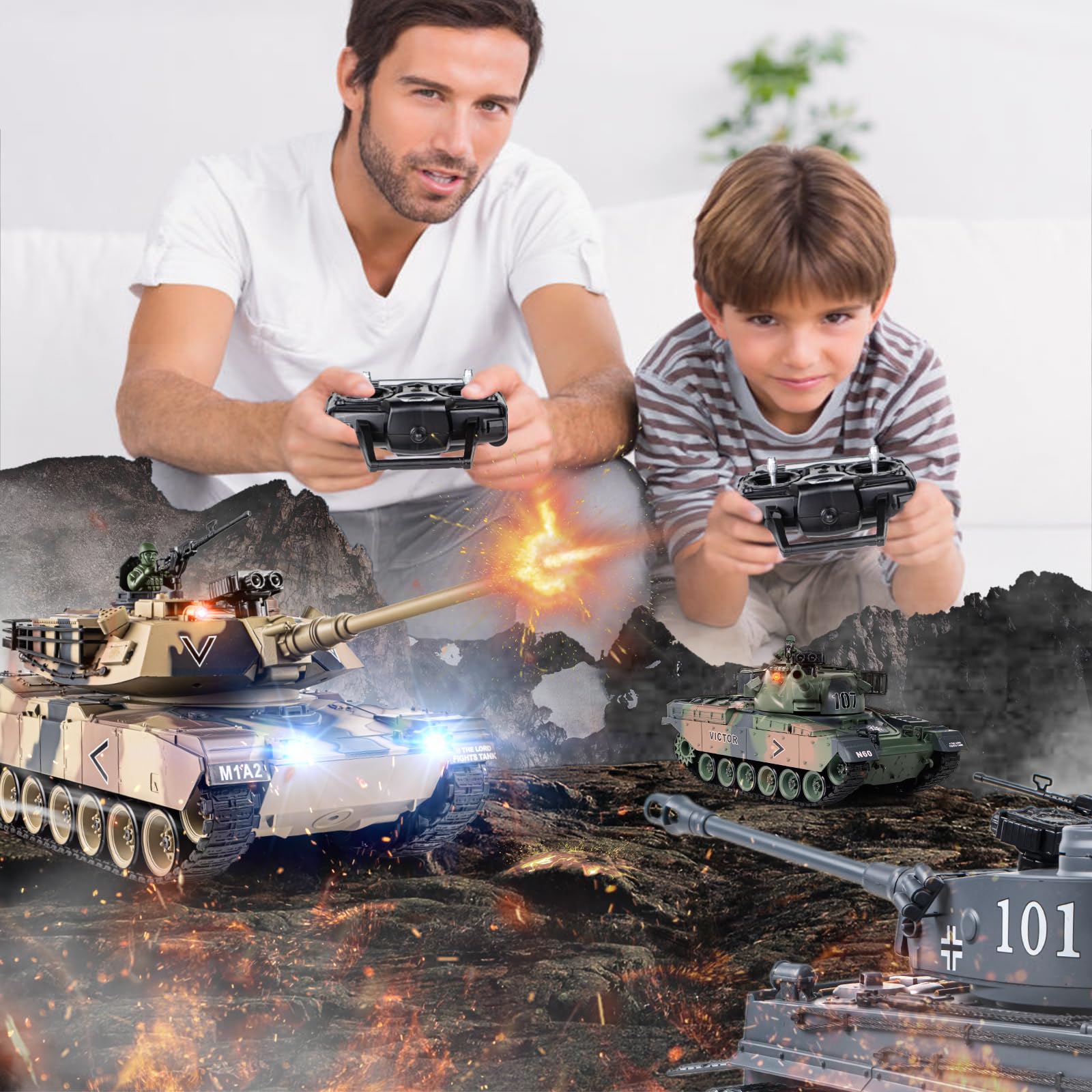 Supdex 1:18 RC Tank, 2.4Ghz US M1A2 Remote Control Tank Model Toys, 15 Channel Battle Army Toy with Smoke Effects, Light and Sound, RC Military Truck for Adults and Kids That Shoots BBS, Water Bombs