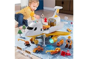 LiDi RC 19 Pack Transport Airplane Cargo with 4 Free Wheel Diecast Construction Vehicles, Kids Toy Jet Aircraft with Lights &