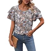 APOOU Womens Tops Dressy Casual Floral Crewneck Flutter Sleeve Tops Flowy Shirts Chiffon Blouses Business Clothes