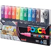 uni Posca Acrylic Paint Art Markers, Set of 12 Extra Fine Point Thin Paint Pens for Coloring Gifts, Fabric, Metal, Glass, Rocks, Wood and Canvas, Assorted Colors, PC1M12C