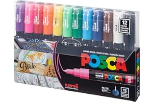 uni Posca Paint Art Markers, Set of 12 Extra Fine Point Acrylic Paint Pens for Coloring Gifts, Decorations, Fabric, Metal, Glass, Rocks, Wood and Canvas, Assorted Colors, PC1M12C