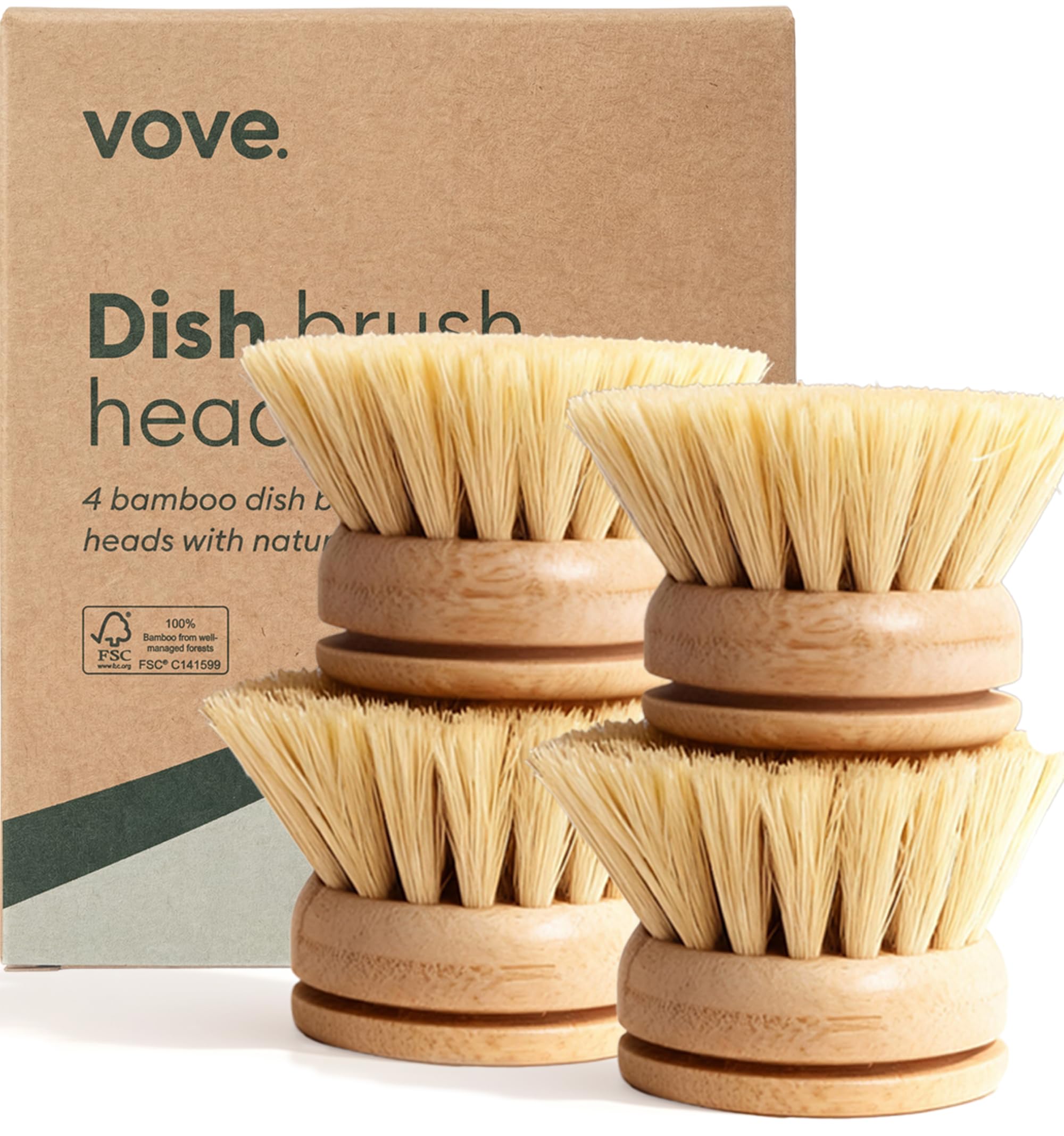 Vove Bamboo Washing-Up Brush Replacement Heads, Pack of 4 - FSC-certified bamboo, natural fibre bristles - Compatible with Vove dish brush - Non-toxic, plastic-free