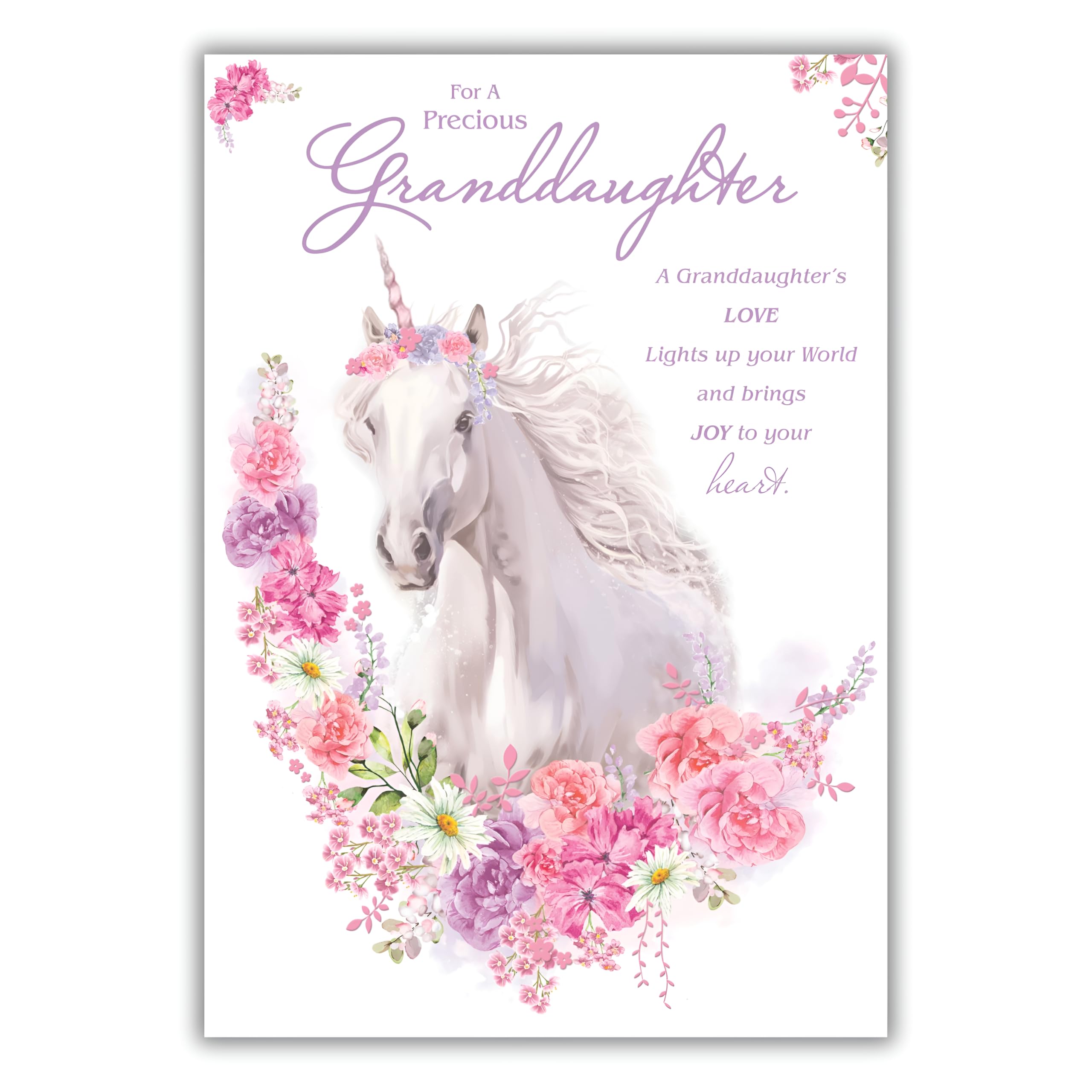 Granddaughter Birthday Card - Special Finish - Precious Granddaughter - Unicorn and Flowers - Made in the UK