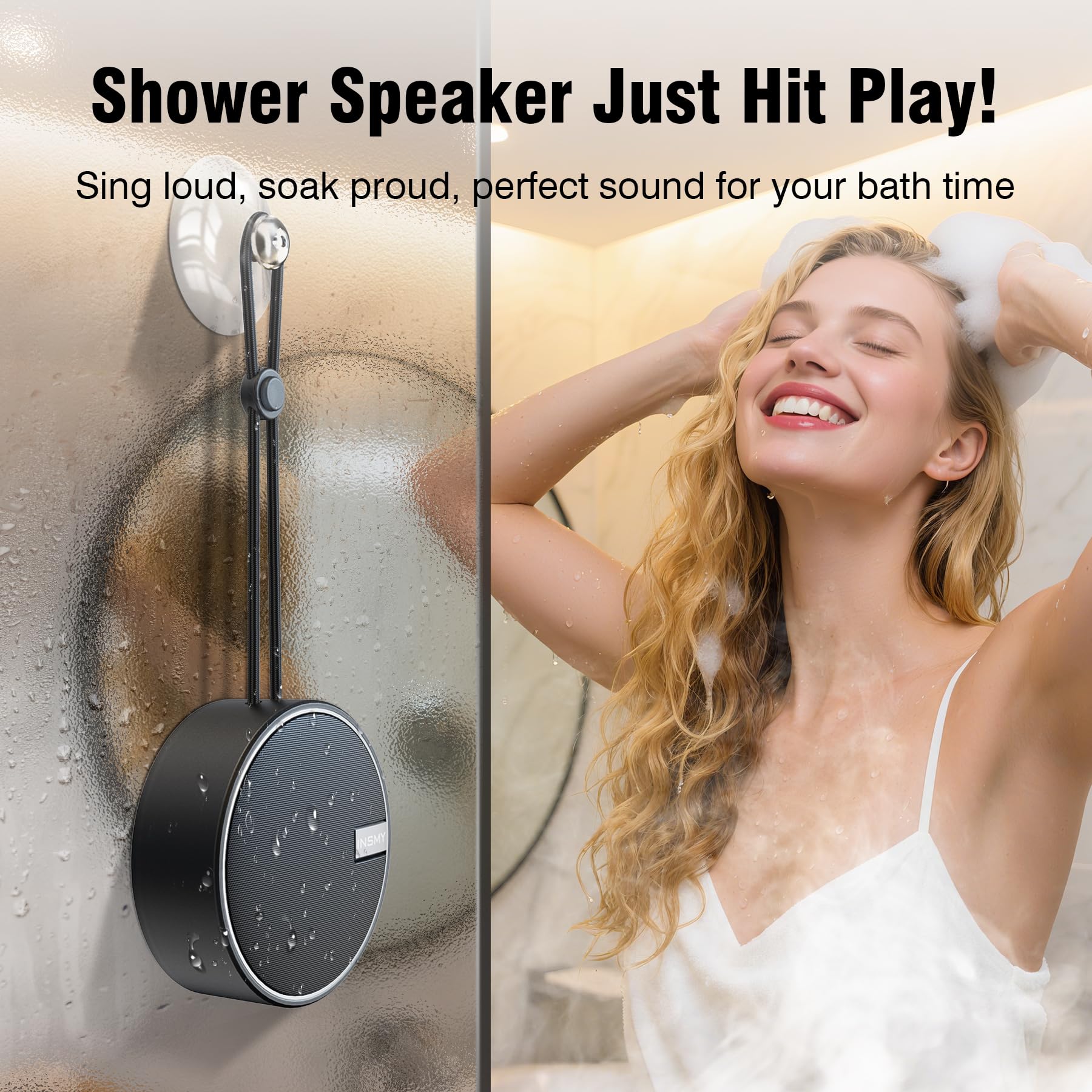 INSMY C12 IPX7 Waterproof Shower Bluetooth Speaker, Portable Small Speaker, Speakers Bluetooth Wireless Loud Clear Sound Support TF Card Suction Cup for Kayak Canoe Beach Gift (Black)