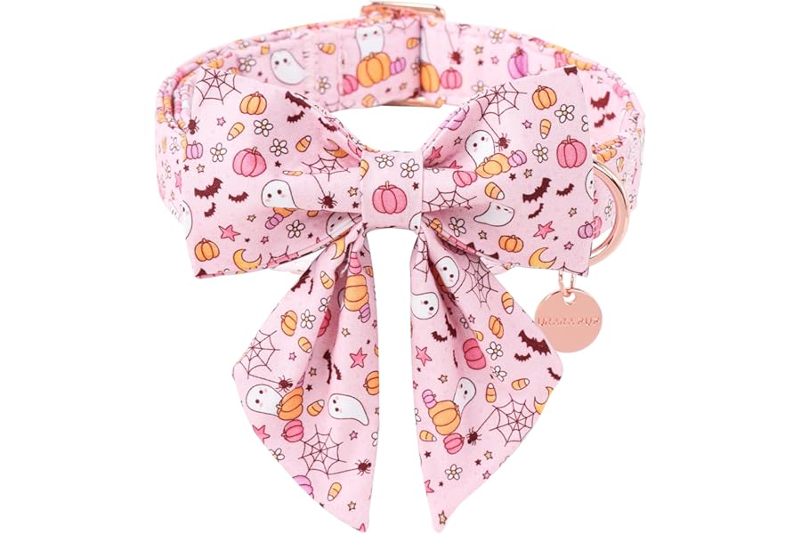 UP URARA PUP Halloween Dog Collar with Flower, Pink Halloween Puppy Flower Collar with Adjustable Metal Buckle,Fancy Halloween Dog Collar Bowtie Gift for Girl Boy Dog,M