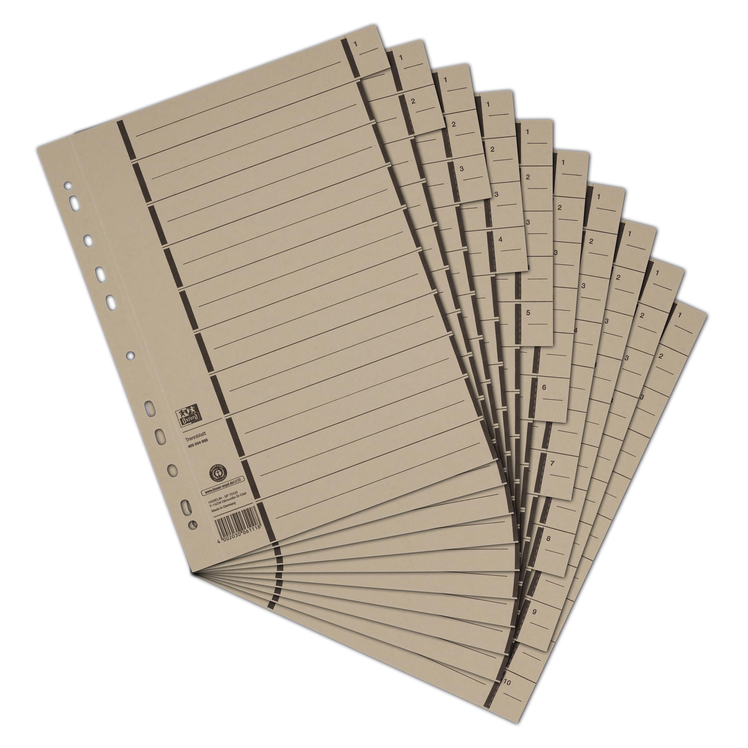 Elba 06456GR Reference Dividers Perforated Numbered 1-10 Lined Imprint Recycled Cardboard Pack of 100 Grey