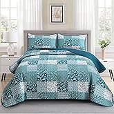 Mybedsoul Teal Blue Quilt Set King Size 3 Pieces Boho Plaid Turquoise Floral Bedspread Set Microfiber Lightweight Bohemian Bedding Bedspread Coverlet Set for All Season 90"x104"