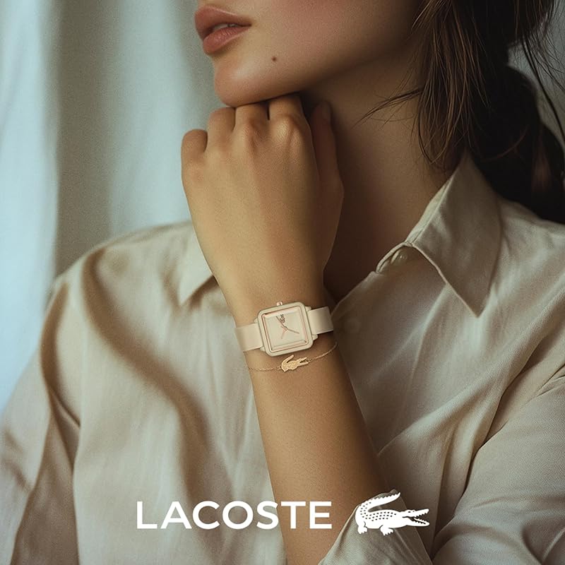 Relógio feminino com movimento de quartzo de três mãos Coleção LACOSTE.12.12 Flow com tira de silicone cor champanhe - 2001385