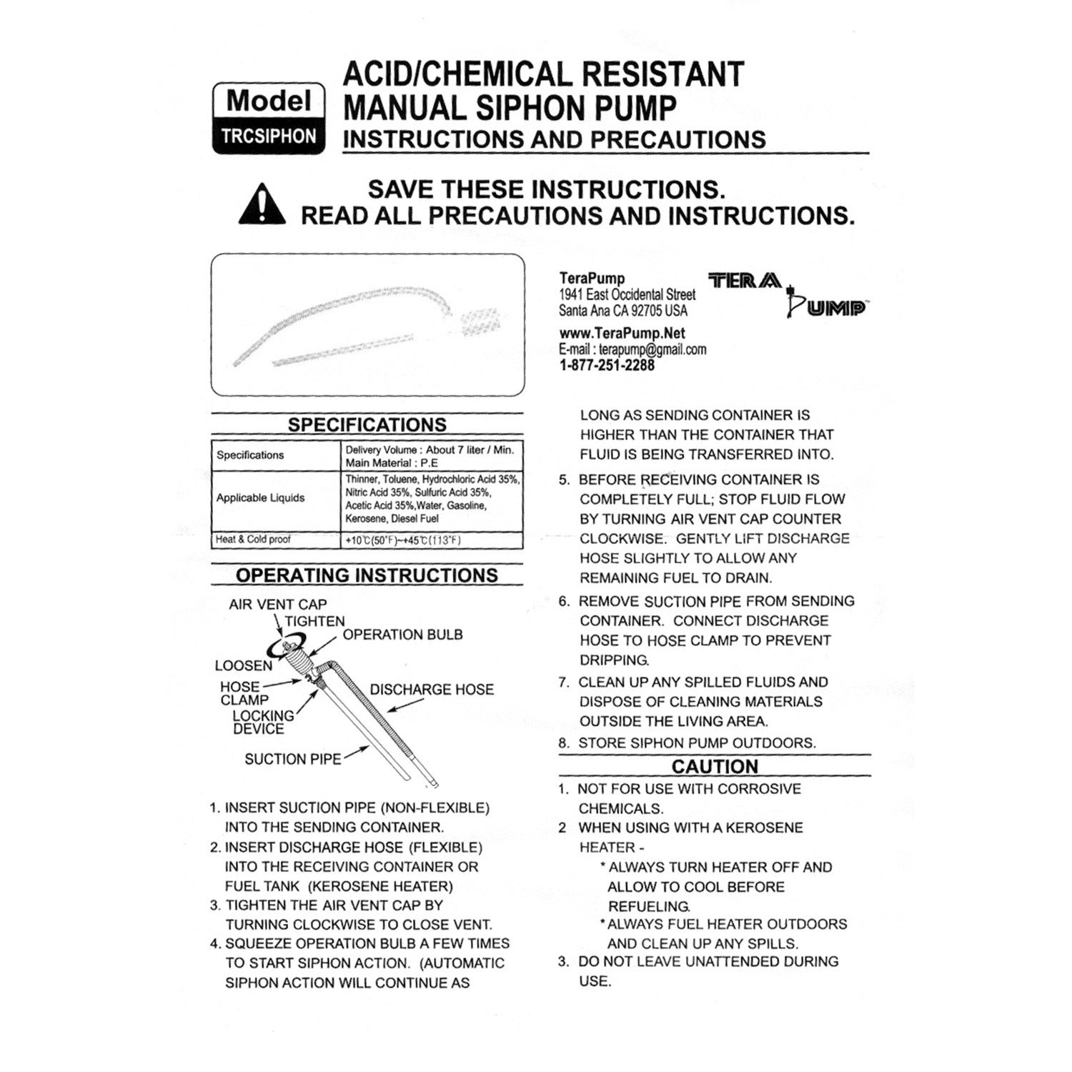 2 PK of TERA PUMP TRCSIPHON Acid and Water based Chemicals Resistant Manual  Hand Siphon Pump - - Amazon.com