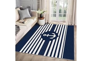 MMYAOKEN Nautical Rugs 5x7 - Anchor Area Rug 3x5, Navy Blue and White Striped Rugs for Entryway, Maritime Coastal Sailor Door