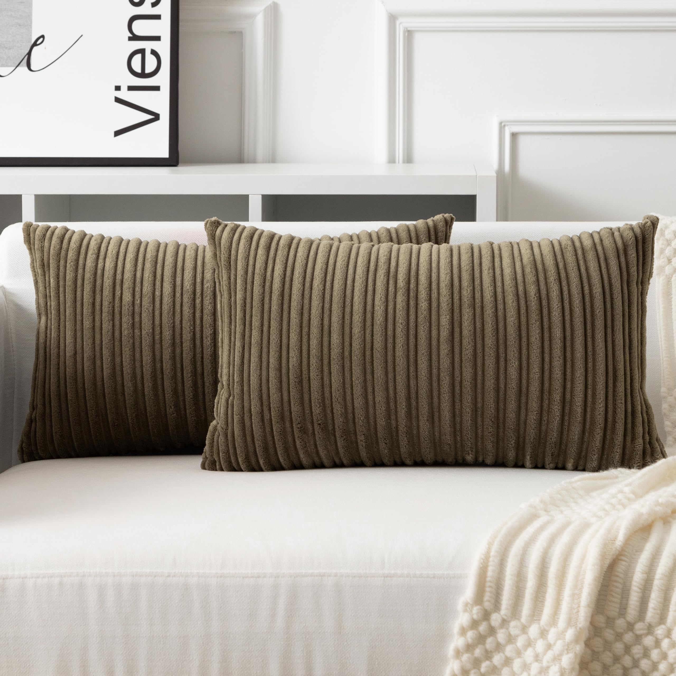 Photo 1 of *1 PACK** UGASA Velvet 12x20 Inch Lumbar Soft Throw Pillow Cover Decorative Corduroy Striped Both Sides Solid Rectangular Cushion Case Boho Farmhouse for Couch Bedroom Sofa Home, Olive Green