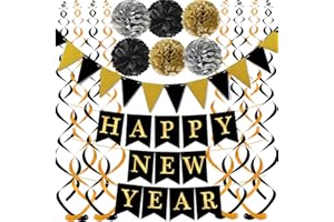 FECEDY Black Happy New Year with Gold Black Paper Flag Bunting Swirl Streamers & Pom Poms for New year Party Decorations