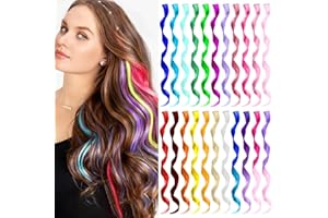 TOFAFA Colored Hair Extensions Curly Wavy Accessories for Girls Women,Multi-colors Party Highlights Clip in Synthetic Rainbow Hairpiece for Kids Christmas Favors Gift(22 PCS Colorful)
