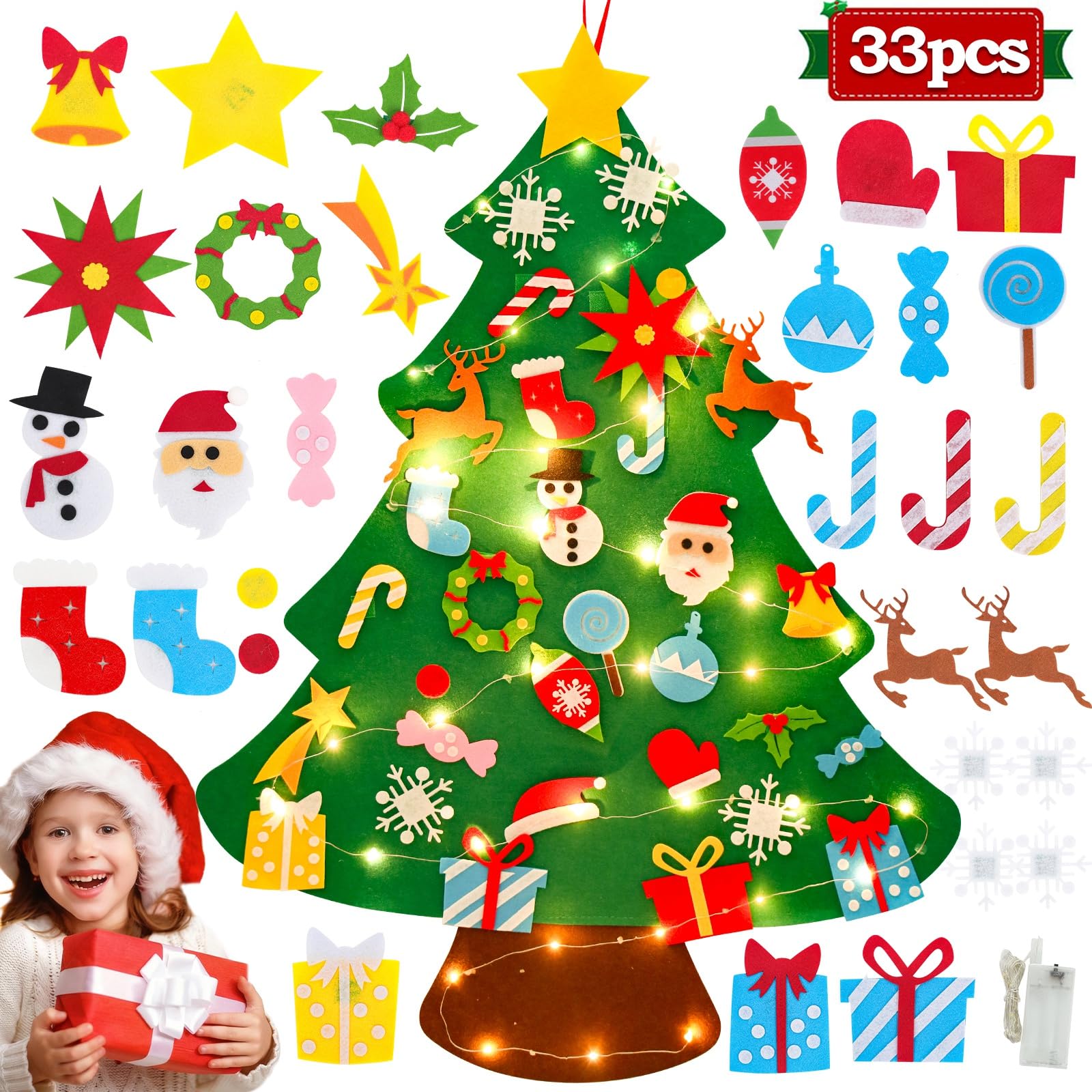 Fuzzy Felt Felt Christmas Tree Decorations – DIY Felt Christmas Tree For Toddlers With 33Pcs Detachable Christmas Ornaments,Wall Christmas Tree,Kids Xmas Tree For Home Door Window Christmas Decoration